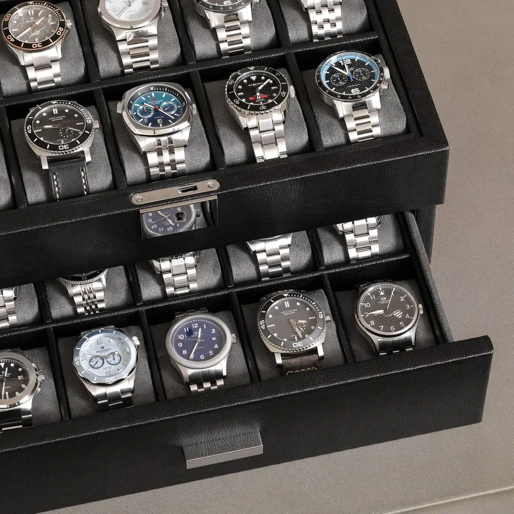 ROTHWELL 20 Slot Leather Watch Box Display Case Organizer Glass Top Lock Black